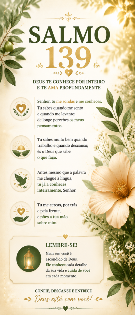 Imagem que ilustra o Salmo 139, representando a onisciência e o amor incondicional de Deus que conhece cada detalhe da vida. Esta mensagem de fé inspira um avivamento espiritual e a certeza do cuidado divino.