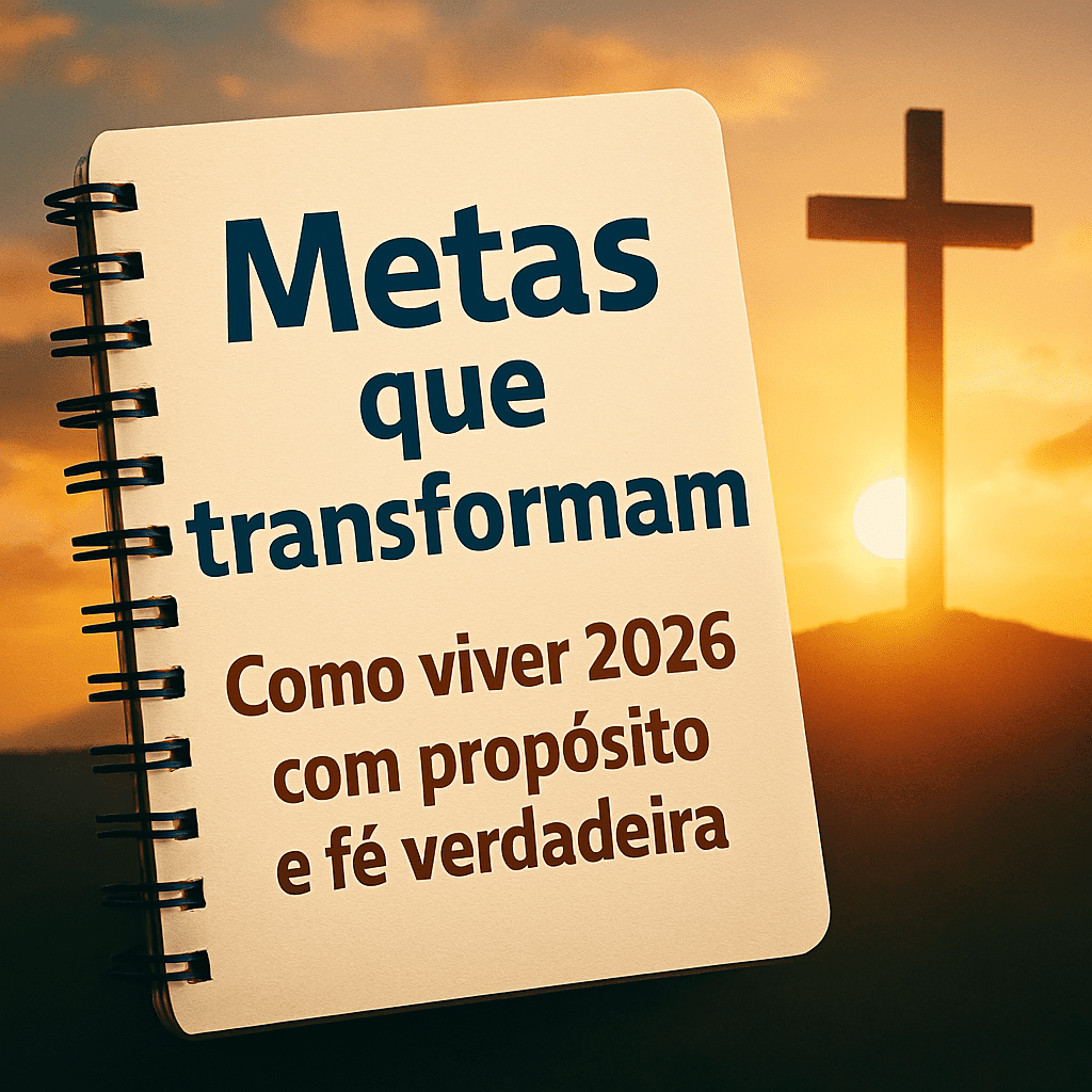Representação visual de metas e propósito para o ano de 2026, com foco em fé verdadeira e planejamento espiritual. A imagem inspira um novo começo e avivamento pessoal.