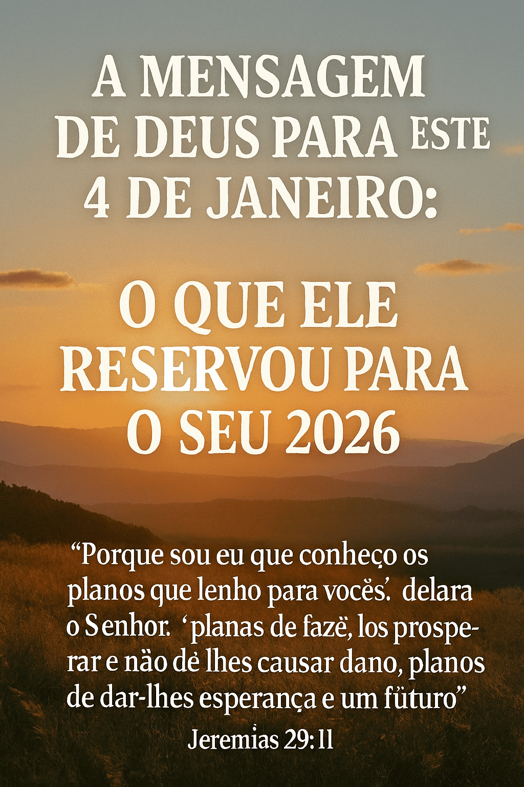 Representação visual da mensagem de Deus para 4 de janeiro de 2026, simbolizando os planos divinos e a esperança para o ano novo. A imagem evoca a busca por 'avivamento na bíblia' e a direção espiritual para o futuro, conforme o 'versículo de ano novo 2026' de Jeremias 29:11.