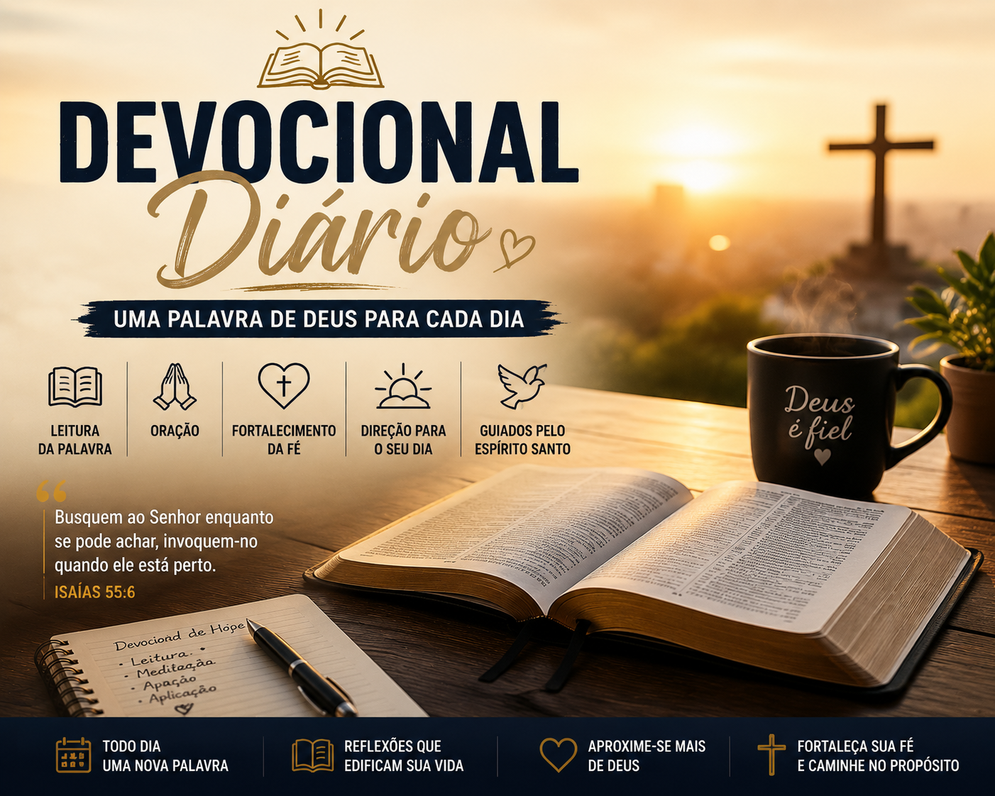 Cena de devocional diário, com a Bíblia aberta, simbolizando a busca por avivamento espiritual e meditação na Palavra de Deus.