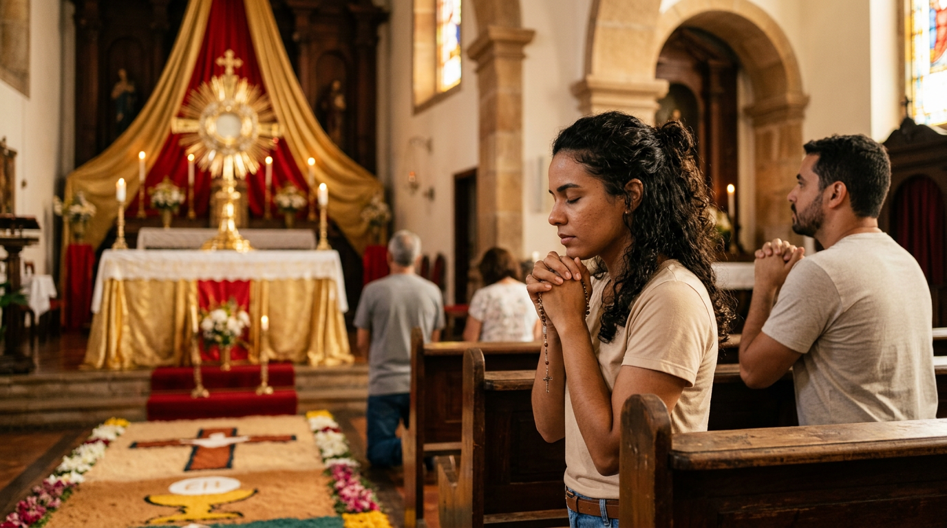 Monstrância com a Eucaristia, símbolo da presença real de Cristo, inspirando fé e avivamento espiritual no Corpus Christi 2025.