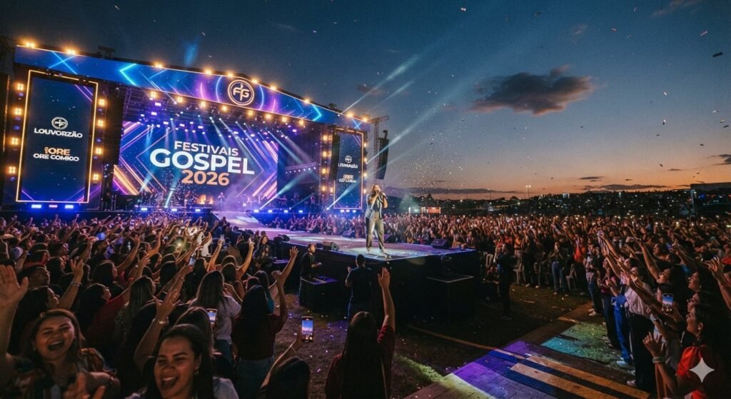 Vista panorâmica de um festival gospel no Brasil em 2026, com milhares de fiéis participando de um momento de louvor e avivamento, consolidando a fé.