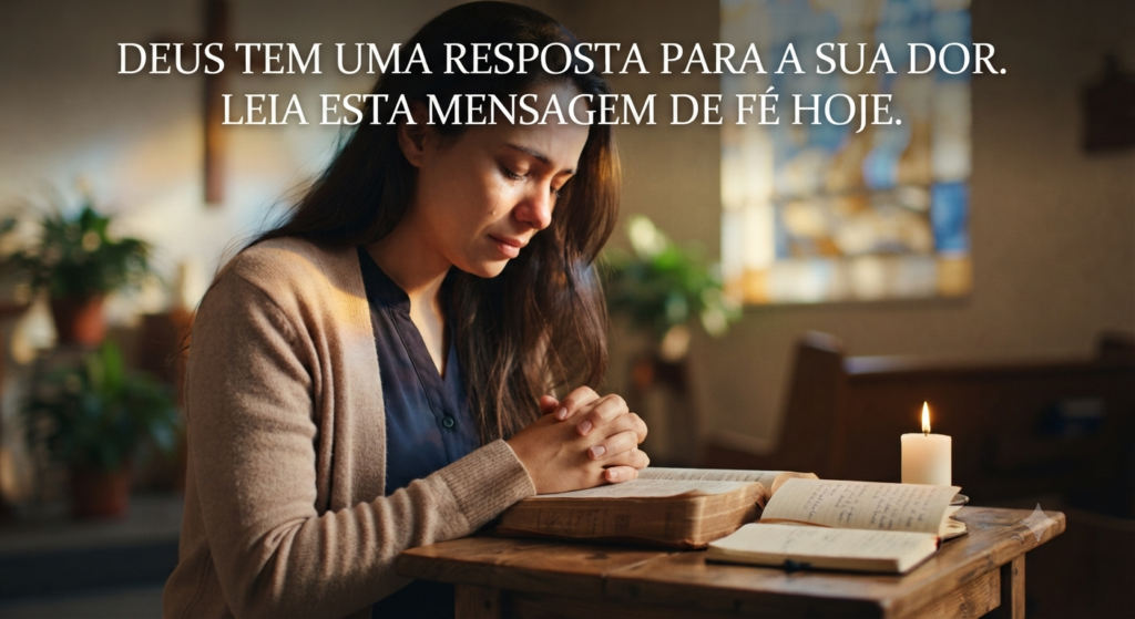 Pessoa em oração com as mãos unidas e uma Bíblia aberta, buscando conforto e fé nas palavras de Deus. A imagem representa a busca por respostas divinas e a importância da leitura bíblica para o avivamento espiritual em momentos de dor e ansiedade.
