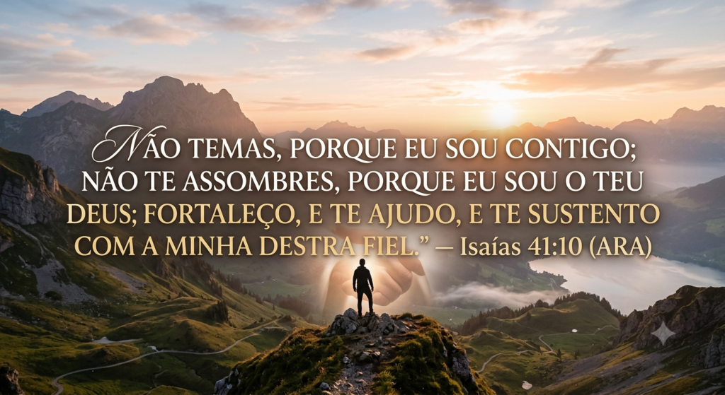 Imagem inspiradora do versículo Isaías 41:10, que transmite a mensagem de força e proteção divina. Um lembrete poderoso para superar a ansiedade, buscando renovação espiritual e o avivamento na fé.