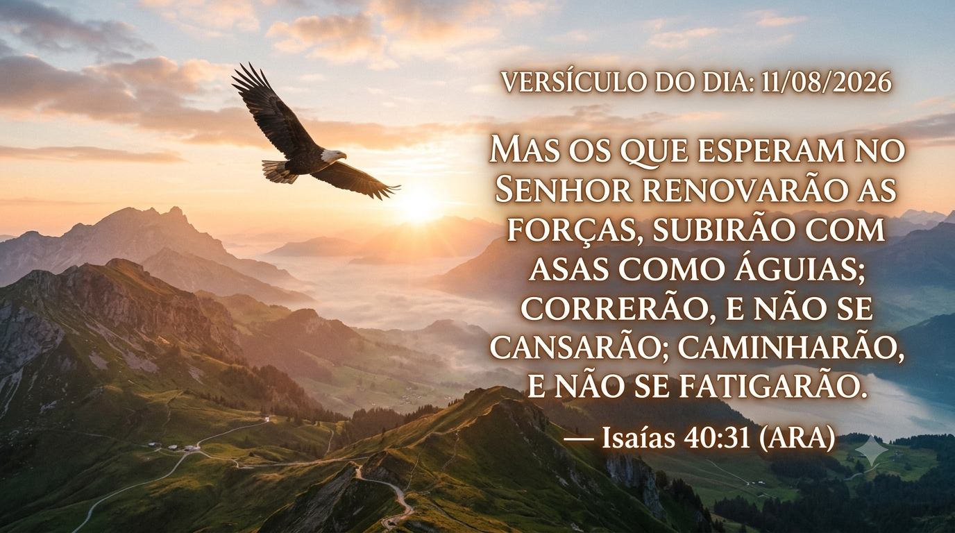 Imagem inspiradora que ilustra a renovação espiritual e a força prometida no versículo de avivamento de Isaías 40:31. Pessoas que esperam no Senhor renovam suas forças, subindo como águias, um símbolo de fé e esperança.