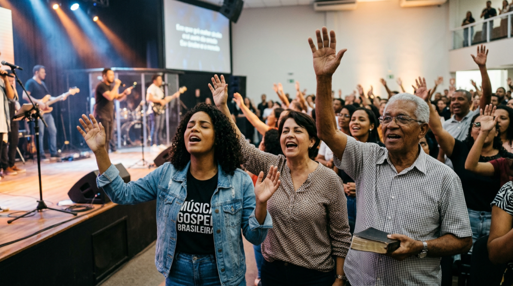 Pessoas de diferentes gerações, incluindo jovens e idosos, unidas em um momento de louvor e adoração cristã. A imagem simboliza a evolução da música gospel brasileira e o avivamento espiritual que conecta corações através de hinos e cânticos.