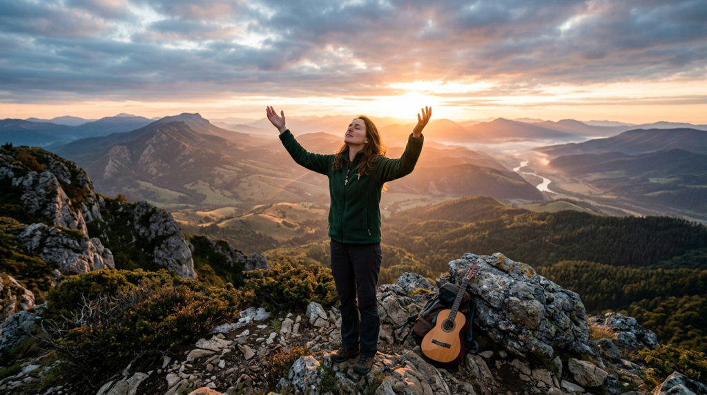 Pessoa em oração profunda, com as mãos levantadas, simbolizando fé e adoração. Esta cena representa a conexão espiritual e o louvor através da worship music, fortalecendo a jornada espiritual e o avivamento pessoal.